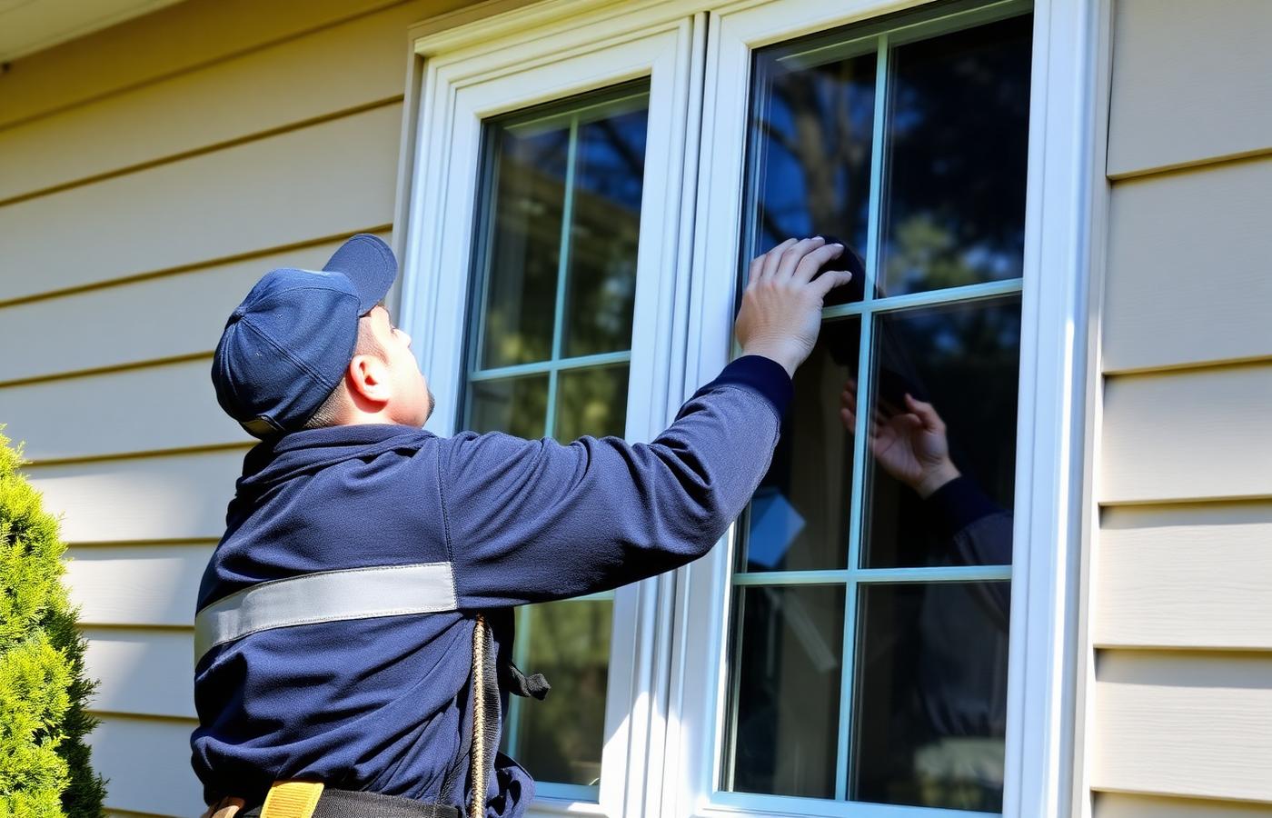 Professional installer fitting a new white vinyl window on a suburban home